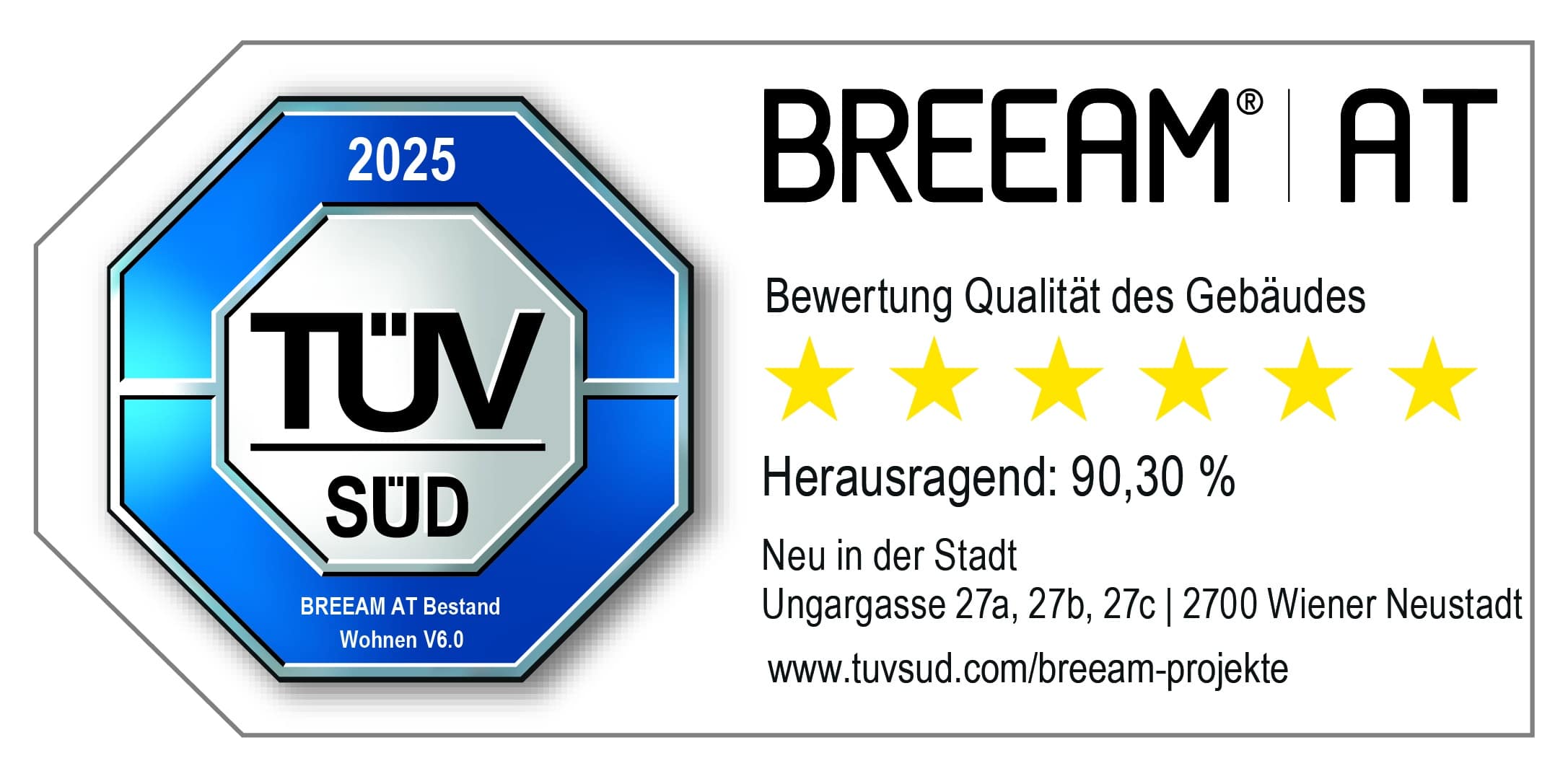 TÜV-SÜD-Siegel BREEAM AT 2025 für Neu in der Stadt: sechs Sterne, Herausragend 90,30 %