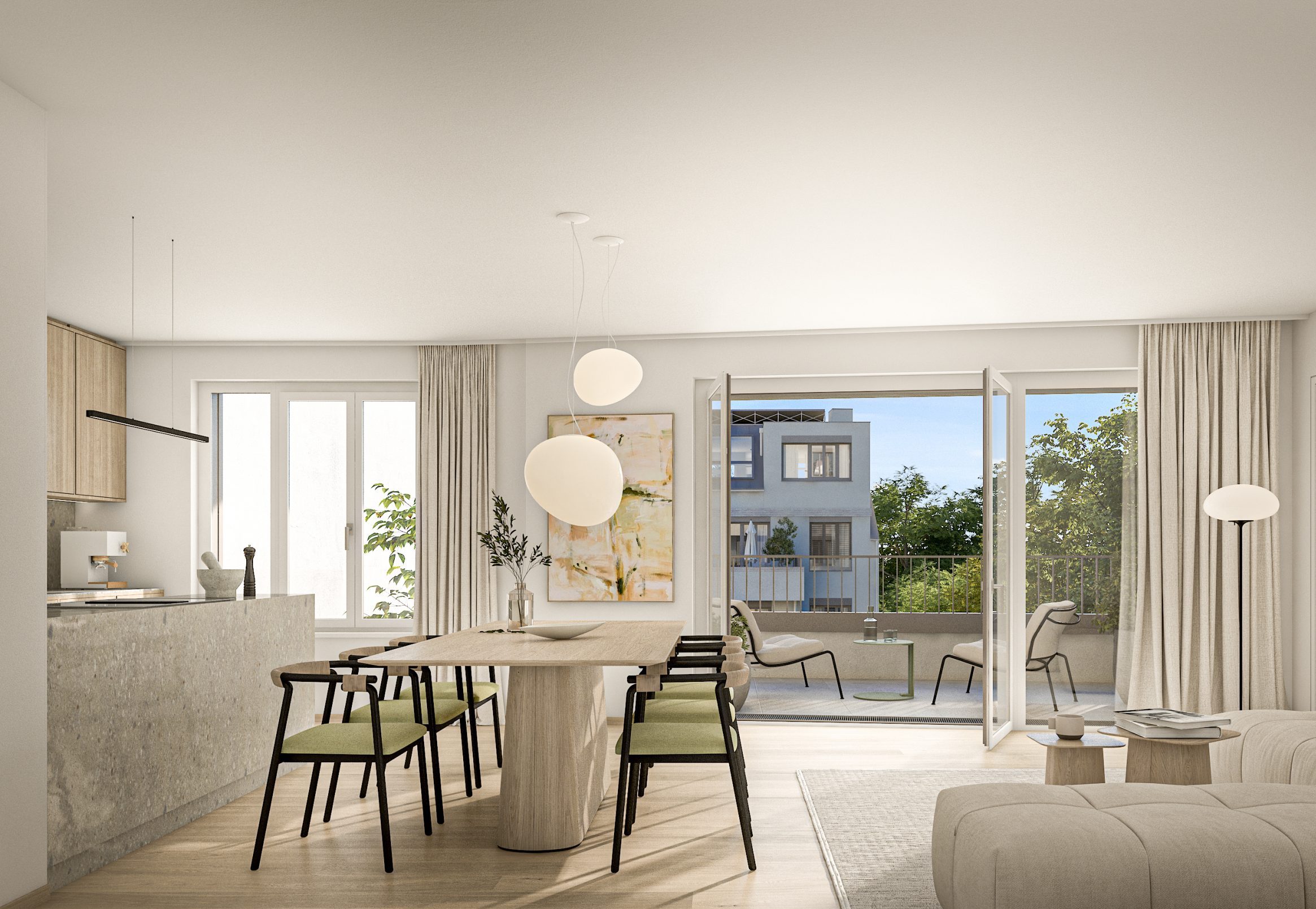 Wohnküche mit großen Fenstern und Balkon in Währing