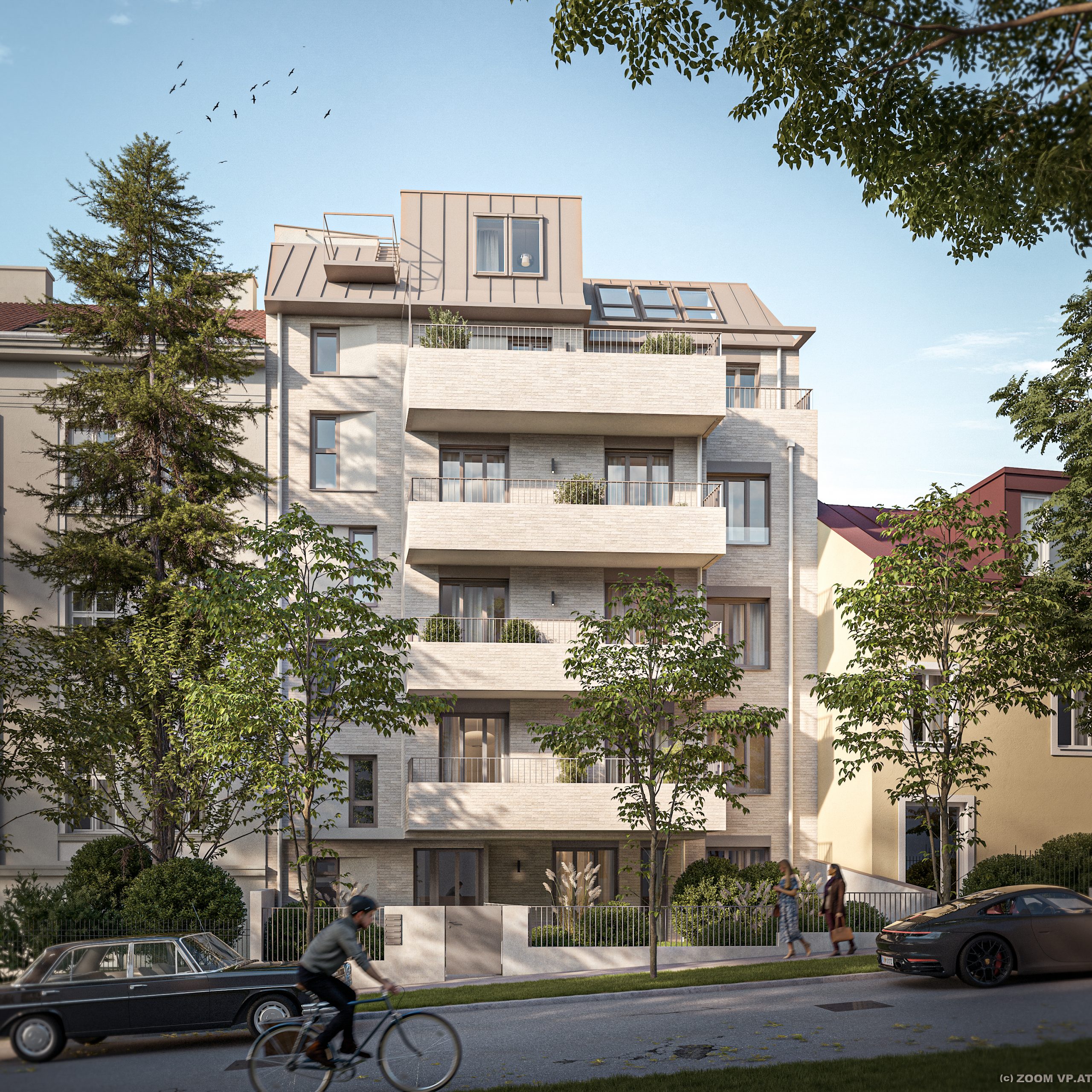 Ansicht des Neubauprojekts Bastiengasse 53 mit Ziegeloptik und Dachterrasse in Wien-Gersthof