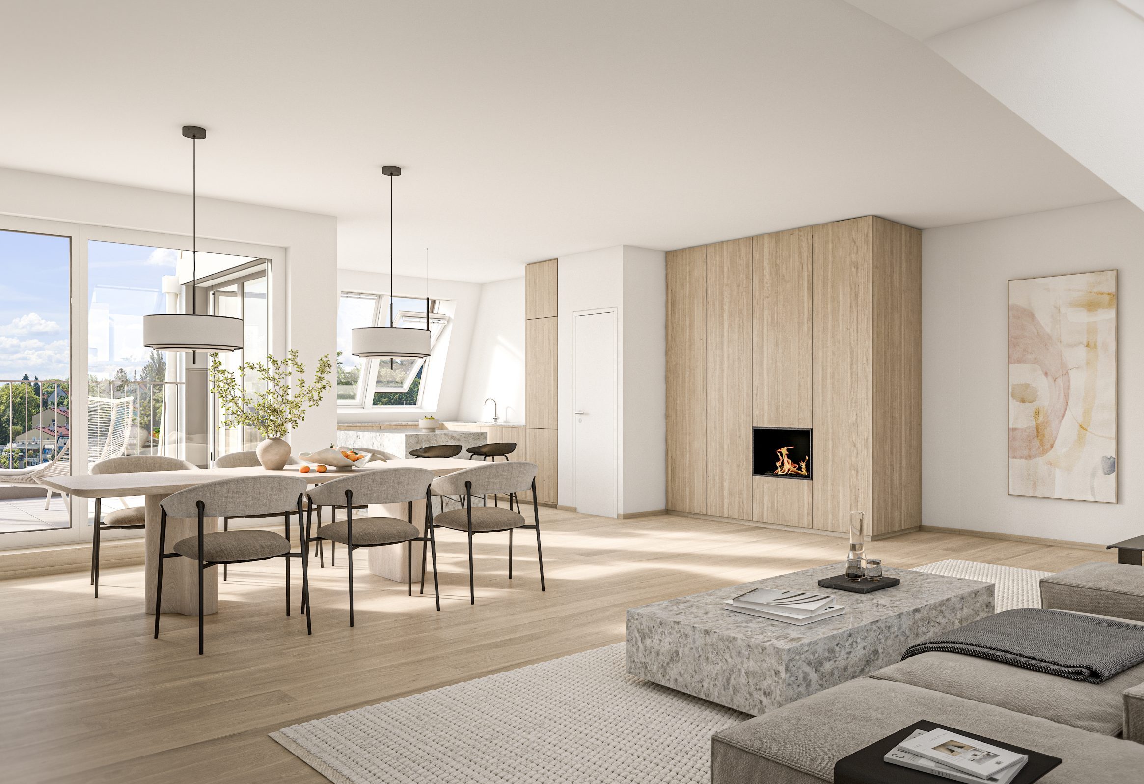 Offene Küche mit Kochinsel und Dachflächenfenstern, Maisonette-Wohnung Ferrogasse