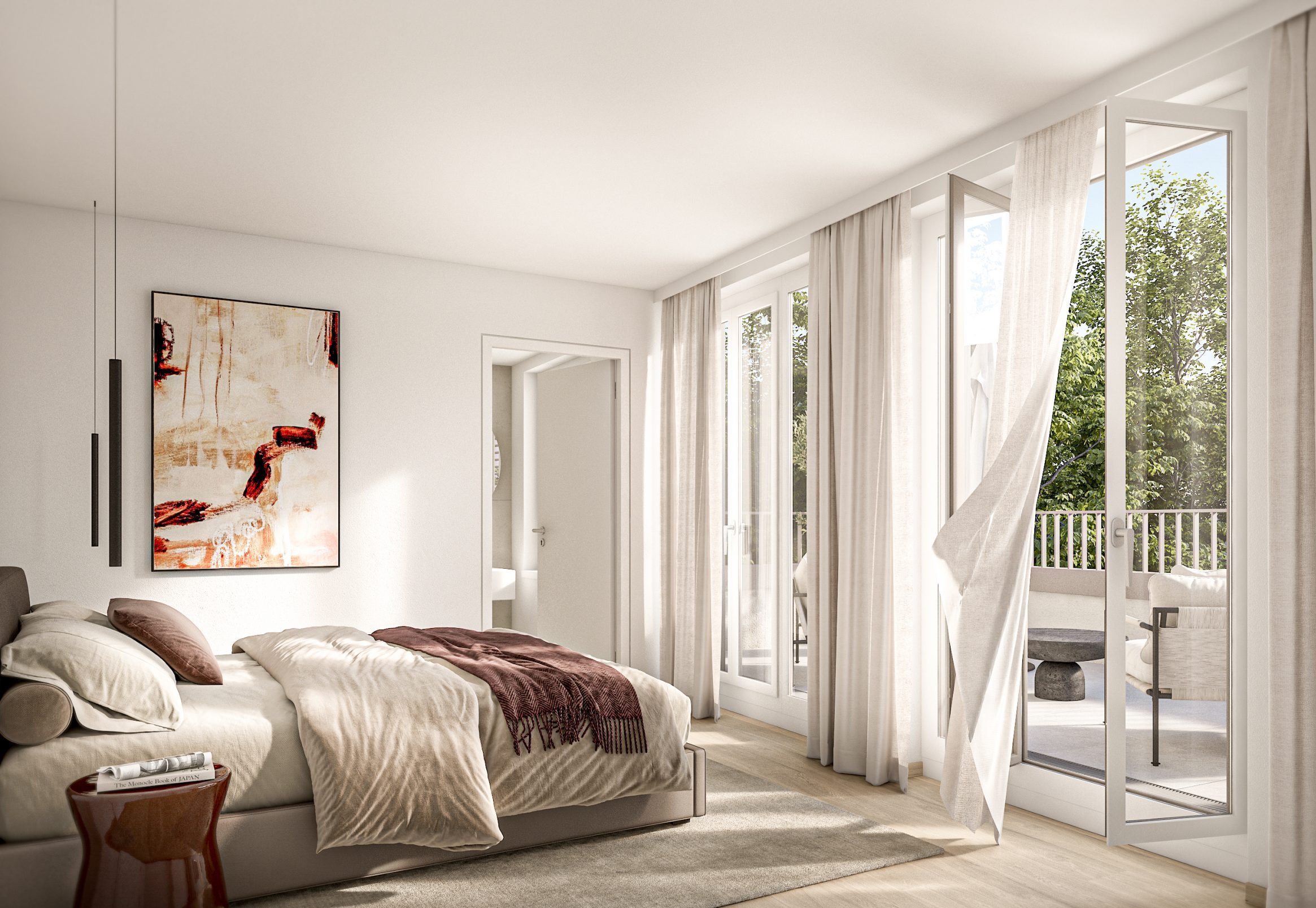 Schlafzimmer mit Blick auf privaten Balkon, Eigentumswohnung Ferro–Bastien
